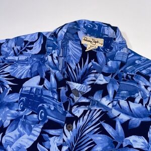 Panama Jack Mens XL TG Hawaiian Shirt Blue Car Tropical Print Short Sleeve Rayon